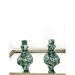 Vintage Pair of Unique Mid century Handmade Green Ceramic Candlestick Holders